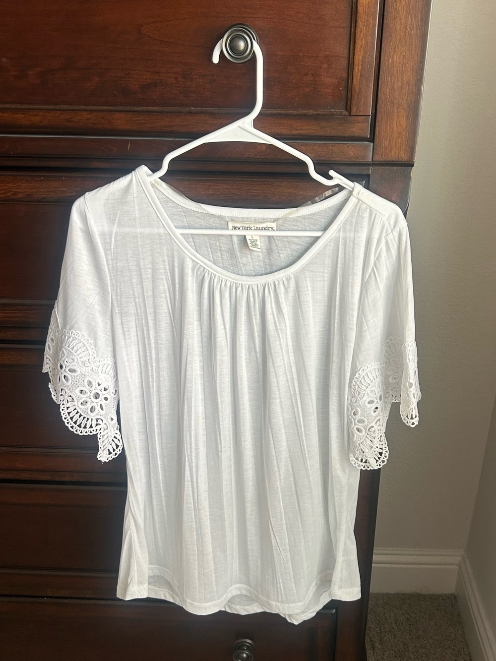 New York Laundry White Crochet Sleeve Scoop Neck Top
